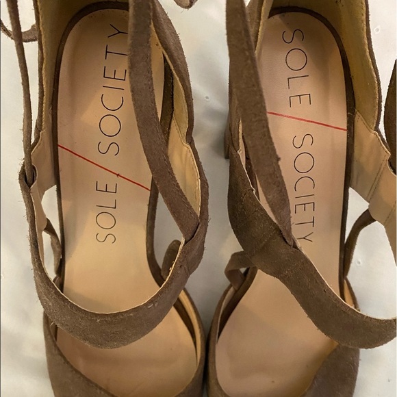 Sole Society Brown Suede Leather Ankle Wrap Closed Toe Chunky Heels - Picture 4 of 10